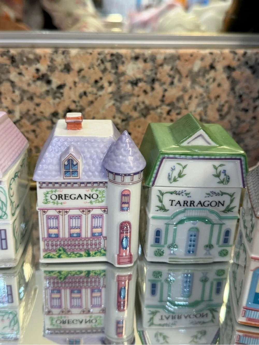 Set of 7 Decorative Ceramic Herb Canisters - Pastel Village Style